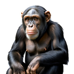 Naklejka premium Adult chimpanzee sitting in contemplative pose with dark fur and expressive brown eyes, isolated on a transparent background