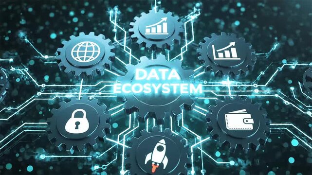 Data ecosystem gears interlocking network global finance security growth rocket launch concept