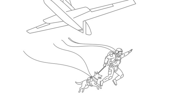 Special Forces Soldier and Dog Parachuting from Airplane