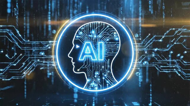 Futuristic A I brain circuit head glowing neon blue digital data stream binary code network