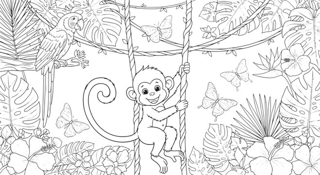 Jungle monkey coloring page featuring playful primate swinging on vines surrounded by exotic tropical leaves parrot butterflies and buds