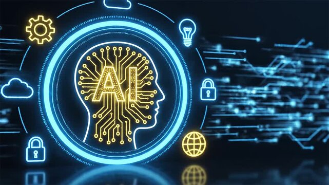 Futuristic A I brain circuit glowing neon light human head profile with connected icons cloud