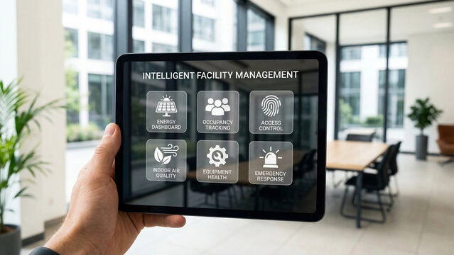 Intelligent facility management software dashboard on tablet displaying energy occupancy access air quality equipment and emergency response controls for smart building operations