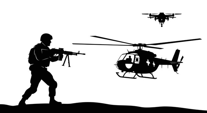 Soldier with Machine Gun and Military Drones, Helicopter Overhead