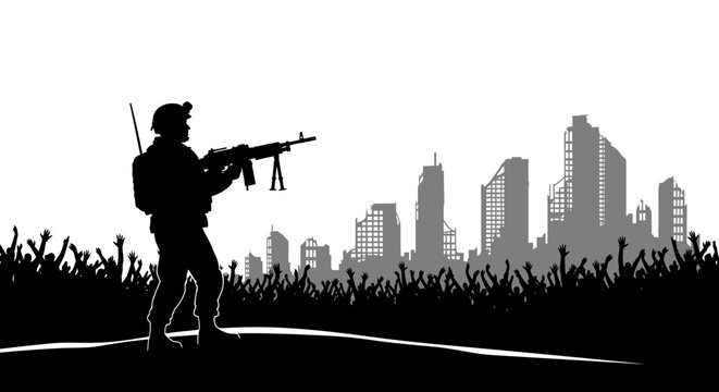 Soldier with Machine Gun in Ruined City Silhouette, Crowd Uprising