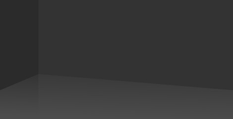 Empty corner of black empty studio. Smooth walls are reflected in even floor. Plain subtle background 3d for interior design. 