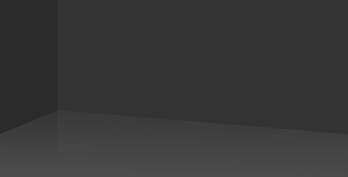 Empty corner of black empty studio. Smooth walls are reflected in even floor. Plain subtle background 3d for interior design. 