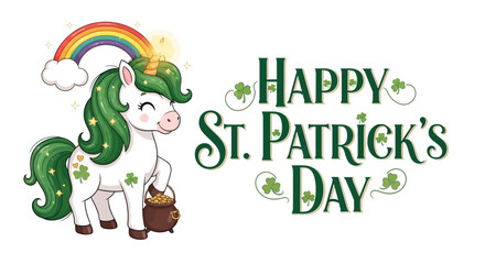 A whimsical unicorn with a green mane and shamrocks celebrates St. Patrick's Day with a pot of gold and rainbow on a festive Irish background. © Rizal