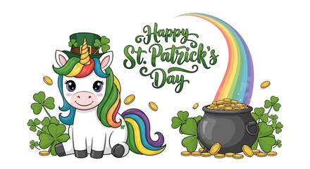 A cartoon unicorn with a rainbow mane and tail sits beside a pot of gold and a rainbow on St. Patrick's Day with festive Irish background. © Rizal