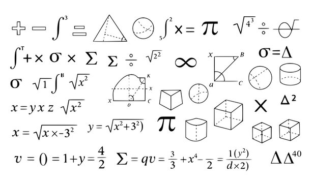 A collection of mathematical symbols and equations in a vector graphic illustration
