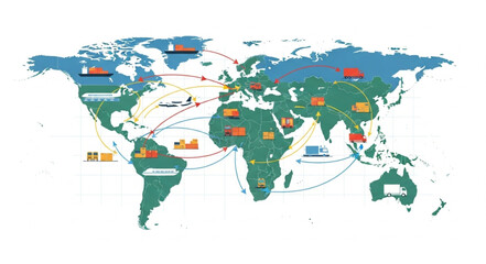 Obraz premium World Map Showing Global Trade Routes and Shipping.