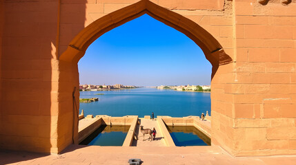 Fototapeta premium Gadi Sagar - artificial lake view through arch. Jaisalmer, Rajasthan, India