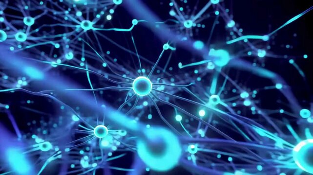 Abstract 3D visualization of a neural network with glowing blue nodes and connections representing AI and brain activity.