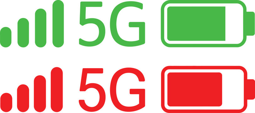 Comparison of 5g signal strength and battery status indicators isolated on transparent background, Vector