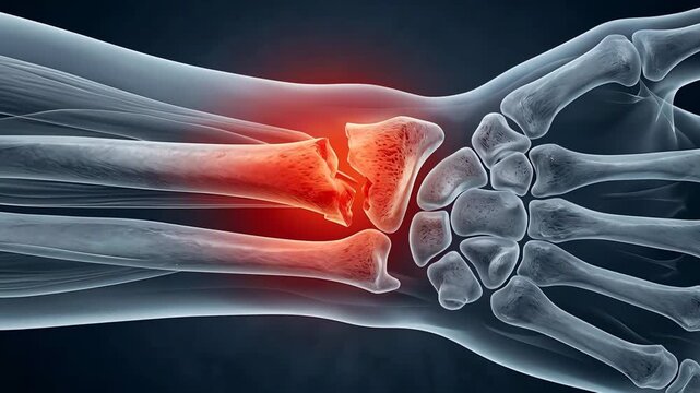 Close Up Medical Illustration Of A Broken Wrist Bone Showing Severe Pain And Inflammation On A Dark Blue Background