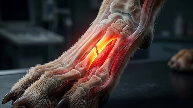 Close Up Of Dog Paw Anatomy Showing A Fractured Bone With Intense Red Inflammation And Pain Over A Dark Reflective Surface In A Vet Clinic