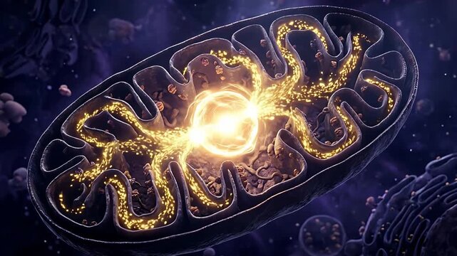 Detailed 3D Animation of a Mitochondrion Generating Energy with Glowing Yellow Light Flowing Through Inner Membranes and Dark Purple Cosmic