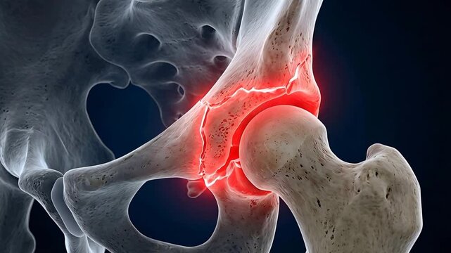 Detailed 3D medical animation shows a human hip joint with a severe fracture highlighted in red emphasizing pain and damage to the femur and pelvis