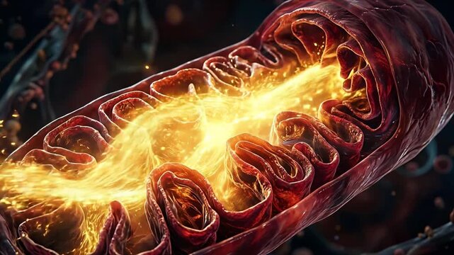 Detailed Microscopic View of a Human Mitochondrion Generating Intense Golden Energy Amidst Cellular Structures in Dark Background Dramatic Lighting