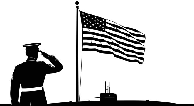 Marine Salutes American Flag Flying Over Submarine Silhouette