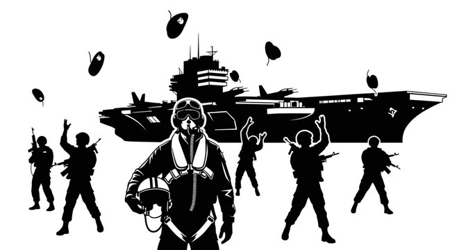 Military Aircraft Carrier with Soldiers and Fighter Pilot, Dramatic Silhouette
