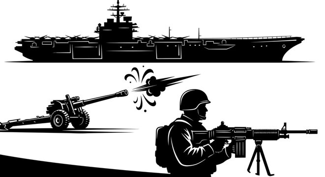 Military Aircraft Carrier, Soldier with Machine Gun, and Cannon Firing