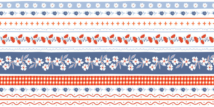 Seamless floral stripe pattern folk inspired horizontal borders with delicate flowers, gingham accents, scalloped lines in blue, red, white background for fabric, wallpaper and wrapping paper..