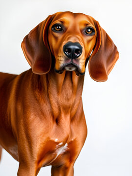 A Redbone Coonhound standing proudly on a , showcasing its sleek coat and expressive eyes