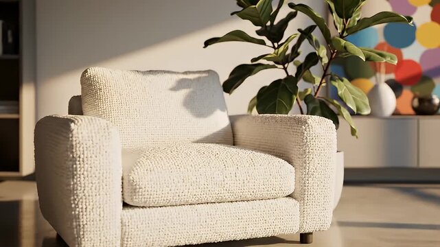 A serene living room with a comfortable couch and vibrant artwork video