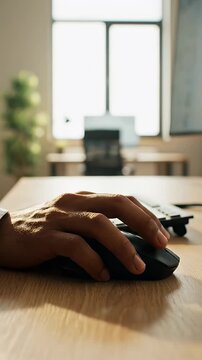 A person using a computer mouse on a desk in a modern office video