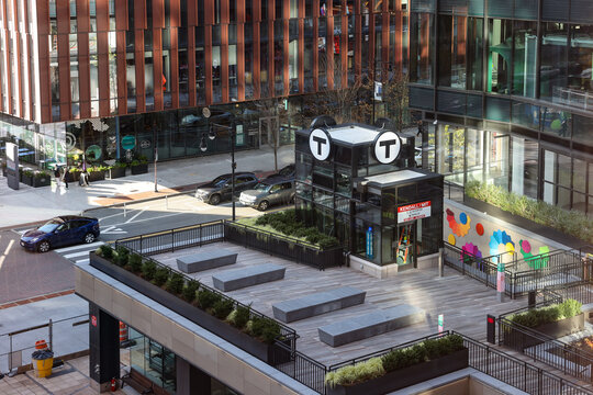 Modern office buildings and MBTA subway entrance at Kendall Square, Cambridge, Massachusetts