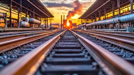 Fototapeta premium Railroad tracks extending into a sunrise.