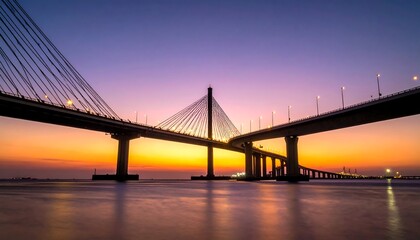 Fototapeta premium Dramatic cable-stayed bridge over water at sunset; beautiful colors