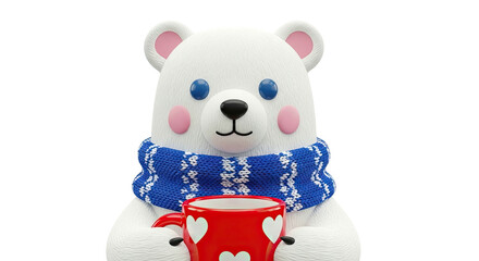 Cute polar bear holding a heart-decorated mug