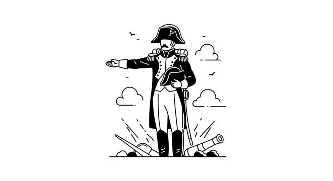 General Napoleon Bonaparte Standing Proudly on Battlefield with Cannon and Sword