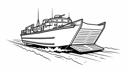 Naklejka premium Landing Craft Vehicle Personnel (LCVP) military boat on water, black and white illustration