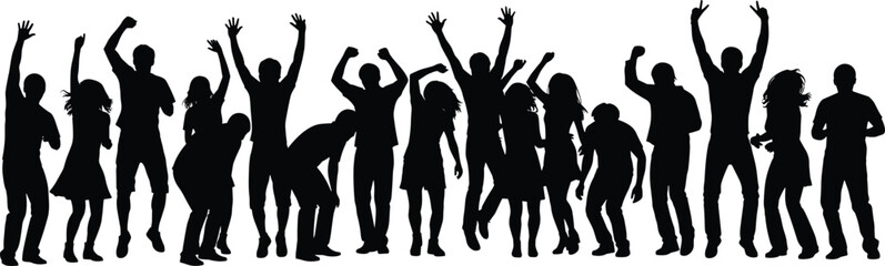 Celebrating crowd silhouettes dancing and cheering together, energetic people party scene, joyful teamwork concept, black vector illustration isolated on white background