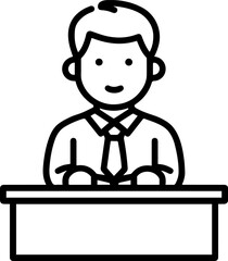 Obraz premium Hand Drawn Man Sitting at Desk Black and White Avatar Illustration in Minimal Line Art Style Design