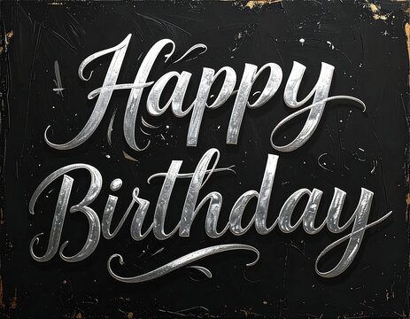 Elegant, silver "Happy Birthday" script on a distressed black backdrop