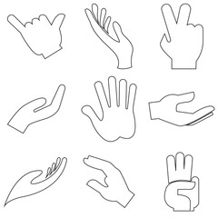 Fototapeta premium Hand Gesture Silhouettes Set Icons. Hand gesture silhouettes showing different positions and signals, isolated on light background, useful for icons, communication symbols, and design elements.