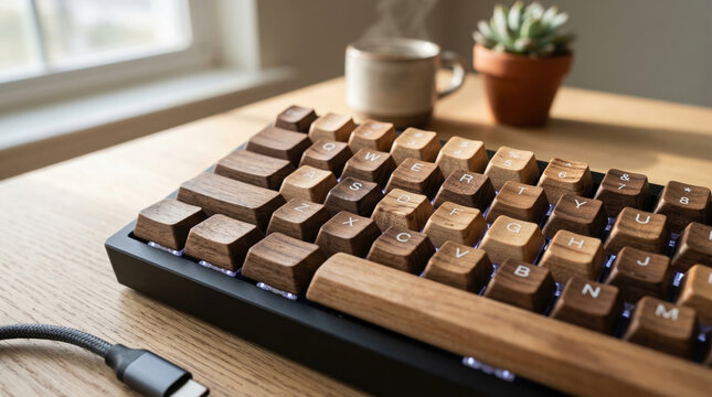 Macro of a sleek mechanical keyboard with sustainable wooden keycaps, soft morning shadows, minimalist aesthetic. Wooden Keyboard with LED Lights on a Wooden Desk