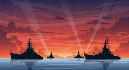 Aircraft Carrier Silhouettes at Sunset. © Ain