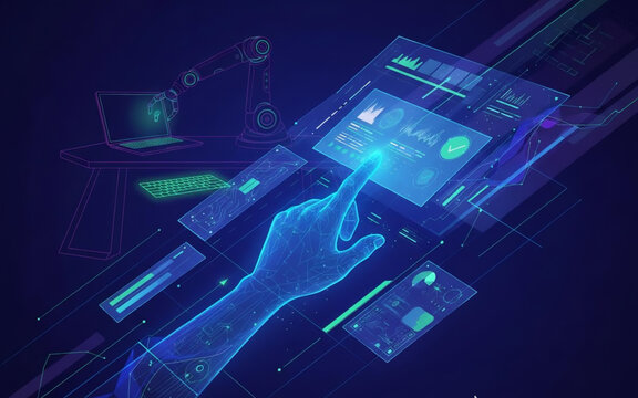 Futuristic digital interface with human hand interacting with a holographic screen, showcasing advanced data visualization and automation concepts for smart systems