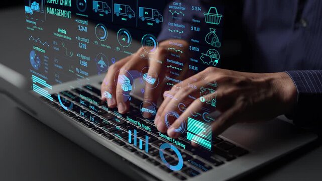 Supply chain management interface showing delivery routes, warehouse efficiency, cost savings, vehicle tracking, procurement ROI, and contract stages. Futuristic supply chain monitoring system. Thunk