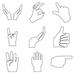Obraz premium Hand Gesture Silhouettes Set Icons. Hand gesture silhouettes showing different positions and signals, isolated on light background, useful for icons, communication symbols, and design elements.