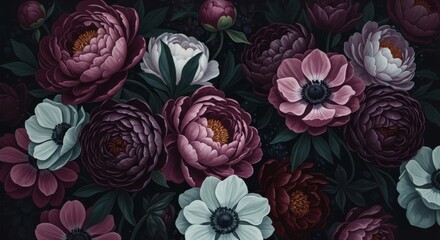 Lush Dark Floral Background with Peonies and Anemones 