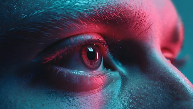 Macro iris photography with dramatic red and blue lighting. Artificial intelligence and machine learning perception. Side view of an eye focusing on bright digital light sources.