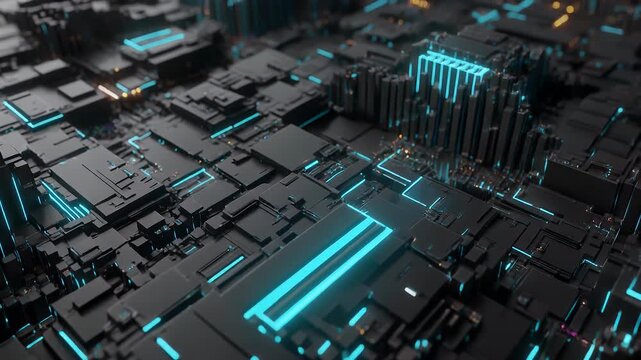 A futuristic, abstract design depicts a complex network of dark, geometric structures. Illuminated lines of teal color highlight intricate circuitry