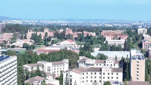 Sweeping Aerial Pan Across UCLA Campus and Westwood Skyline