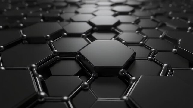 A detailed close-up of a honeycomb-like structure. Each hexagonal cell is dark, glossy, and connected with small spheres. Depth-of-field creates a blurry background